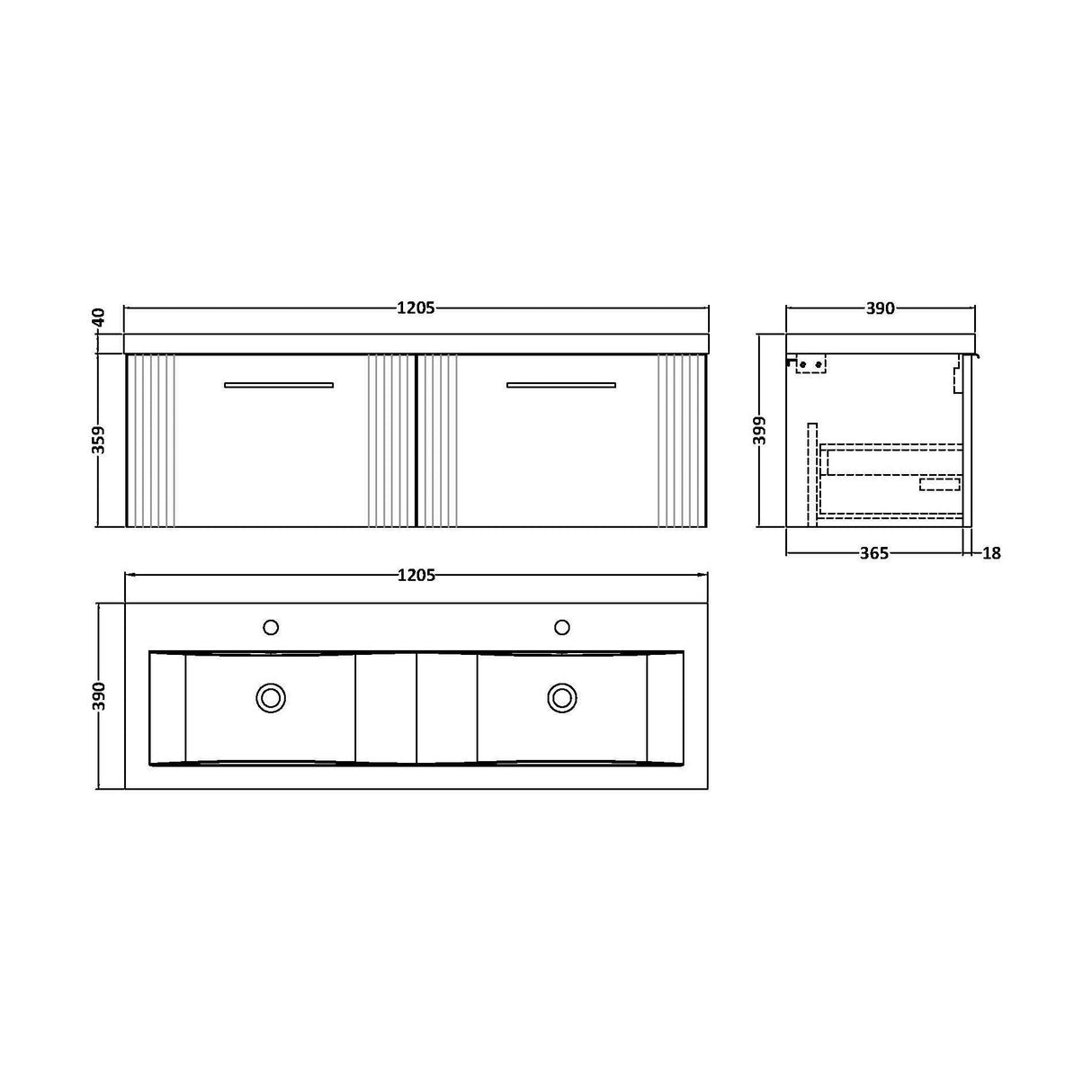 [BFPF194F] Partial Fluted 2 Drawer Wall Hung Vanity Unit with Double Ceramic Basin - 1200mm - Satin White - Technical Drawing