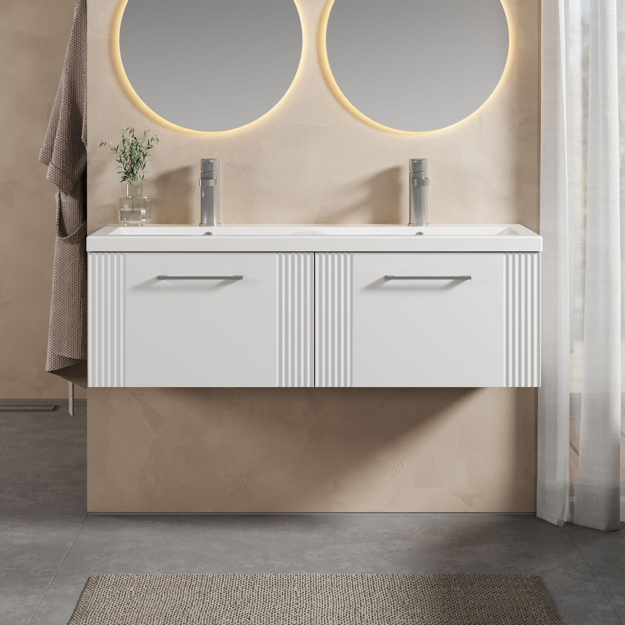 [BFPF194F] Partial Fluted 2 Drawer Wall Hung Vanity Unit with Double Ceramic Basin - 1200mm - Satin White - Lifestyle 1