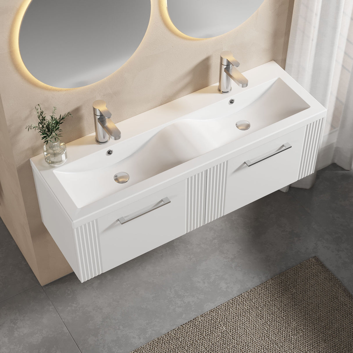 [BFPF194F] Partial Fluted 2 Drawer Wall Hung Vanity Unit with Double Ceramic Basin - 1200mm - Satin White - Lifestyle 2