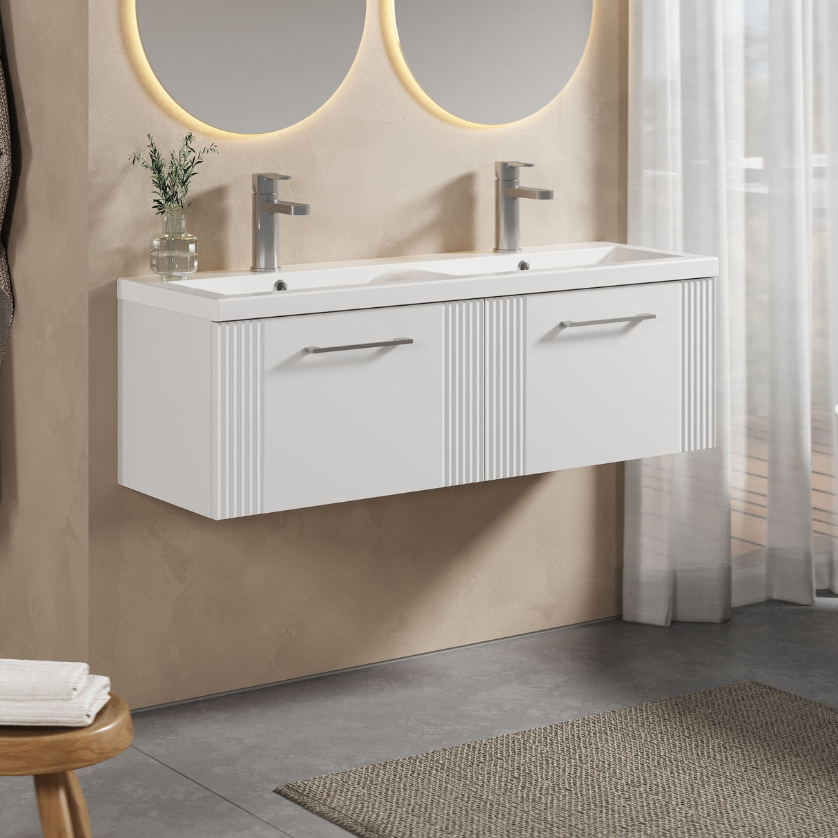 [BFPF194F] Partial Fluted 2 Drawer Wall Hung Vanity Unit with Double Ceramic Basin - 1200mm - Satin White - Lifestyle 3