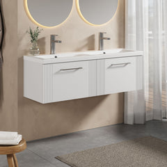 [BFPF194F] Partial Fluted 2 Drawer Wall Hung Vanity Unit with Double Ceramic Basin - 1200mm - Satin White - Lifestyle 3