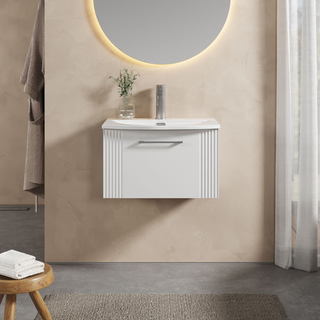 [BFPF194G] Partial Fluted 1 Drawer Wall Hung Vanity Unit with 1 Tap Hole Curved Basin- 600mm - Satin White - Lifestyle 1