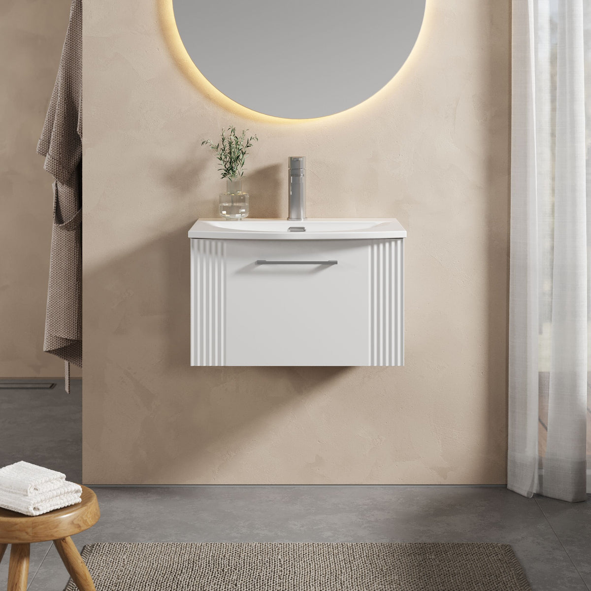 [BFPF194G] Belvide Retro Partial Fluted 1 Drawer Wall Hung Vanity Basin Unit with Curved Basin, Choice of Size and Colour - Lifestyle 1