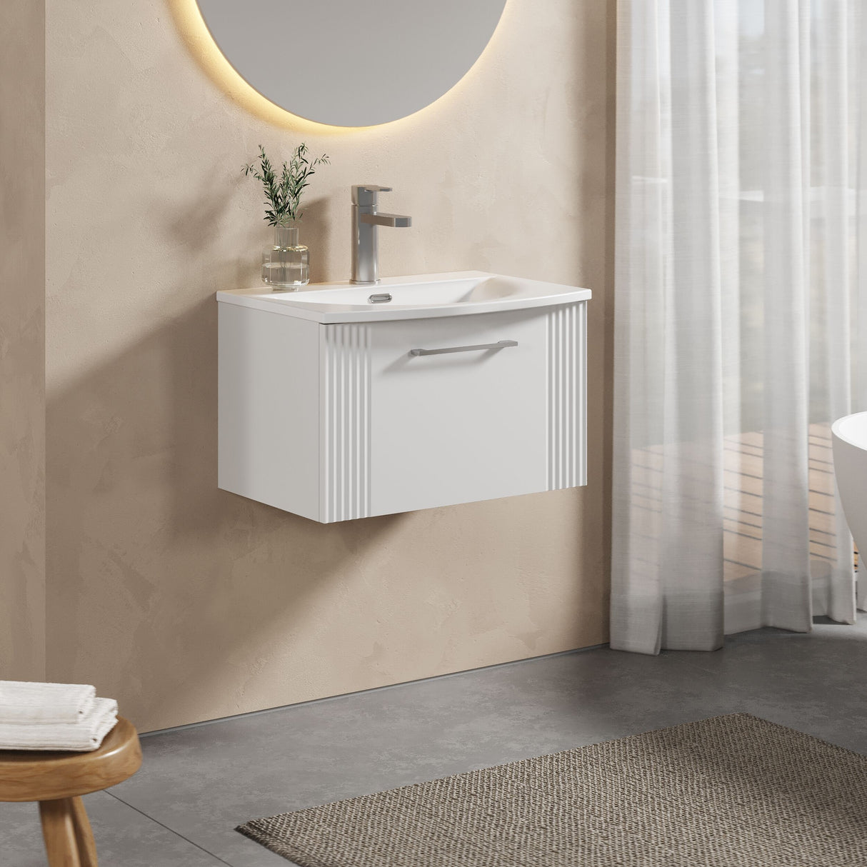 [BFPF194G] Partial Fluted 1 Drawer Wall Hung Vanity Unit with 1 Tap Hole Curved Basin- 600mm - Satin White - Lifestyle 3