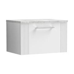 [BFPF194LBG] Partial Fluted 1 Drawer Wall Hung Vanity Unit with Bellato Grey Laminate Worktop - 600mm - Satin White - Cutout