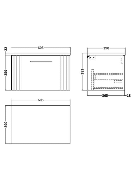 [BFPF194LCM] Belvide Retro Partial Fluted 1 Drawer Wall Hung Vanity Unit with Carrera Marble Laminate Worktop, Choice of Size and Colour - Line Drawing