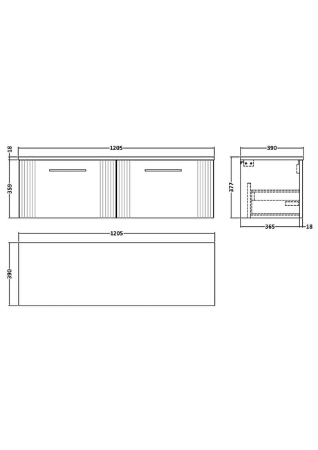 [BFPF194W2] Belvide Retro Partial Fluted 1 Drawer Wall Hung Vanity Unit with Colour Coordinating Worktop, Choice of Colour - Line Drawing