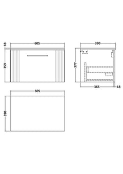[BFPF194W] Belvide Retro Partial Fluted 1 Drawer Wall Hung Vanity Unit with Colour Coordinating Worktop, Choice of Size and Colour - Line Drawing