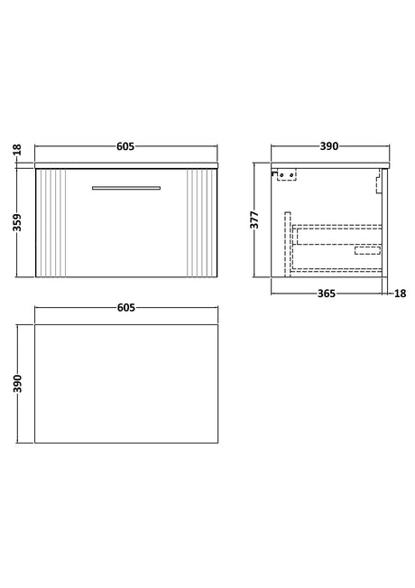 [BFPF194W] Belvide Retro Partial Fluted 1 Drawer Wall Hung Vanity Unit with Colour Coordinating Worktop, Choice of Size and Colour - Line Drawing
