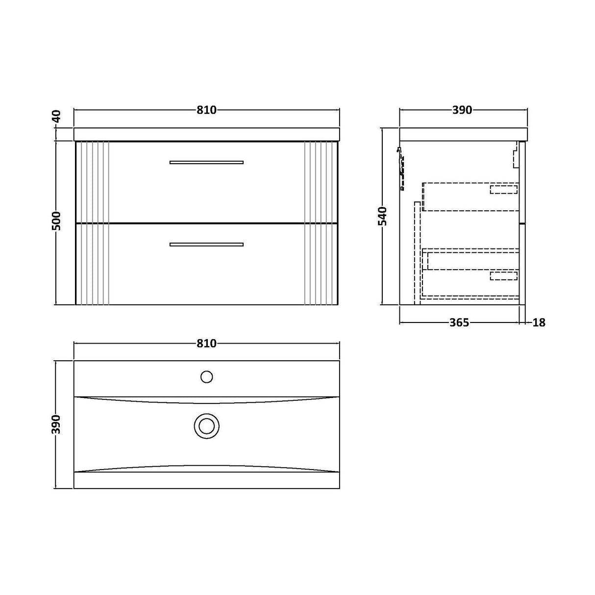 [BFPF195A] Belvide Partial Fluted 2 Drawer Wall Hung Vanity Unit with Mid-Edge 1 Tap Hole Ceramic Basin - Technical Drawing