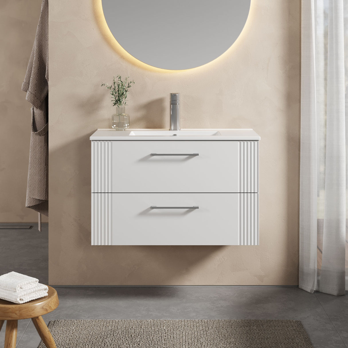 [BFPF195B] Belvide Retro Partial Fluted 2 Drawer Wall Hung Vanity Basin Unit with Minimalist Basin, Choice of Size and Colour - Lifestyle 1