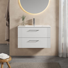 [BFPF195B] Belvide Retro Partial Fluted 2 Drawer Wall Hung Vanity Basin Unit with Minimalist Basin, Choice of Size and Colour - Lifestyle 1
