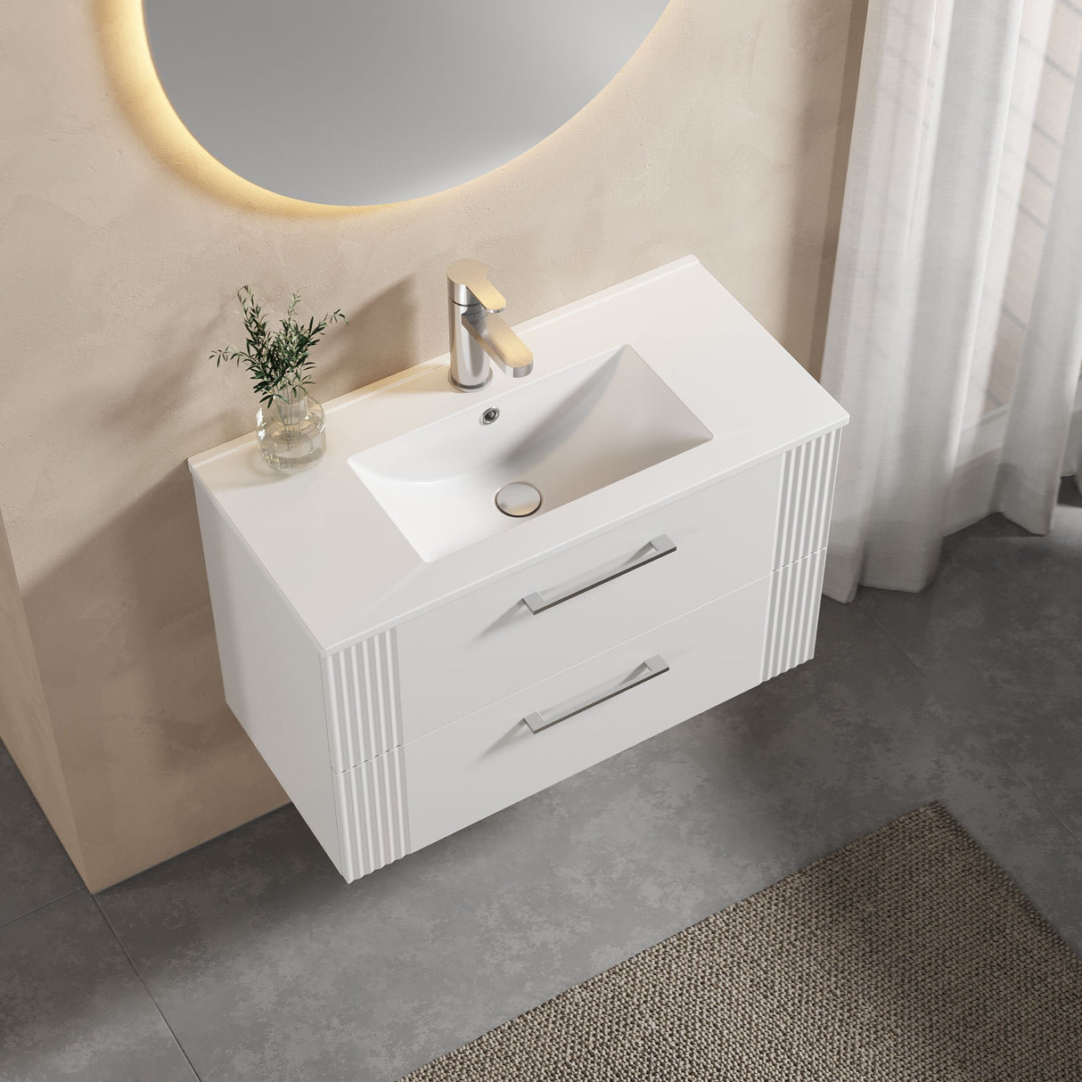 [BFPF195B] Belvide Retro Partial Fluted 2 Drawer Wall Hung Vanity Basin Unit with Minimalist Basin, Choice of Size and Colour - Lifestyle 2