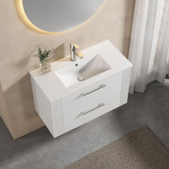 [BFPF195B] Belvide Retro Partial Fluted 2 Drawer Wall Hung Vanity Basin Unit with Minimalist Basin, Choice of Size and Colour - Lifestyle 2