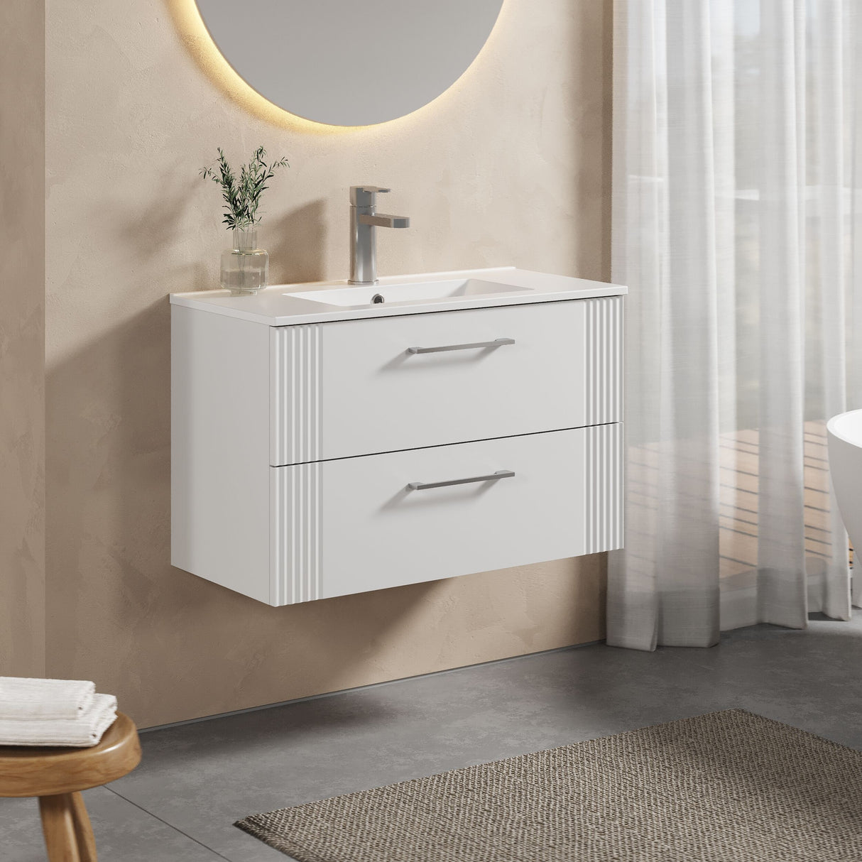 [BFPF195B] Belvide Retro Partial Fluted 2 Drawer Wall Hung Vanity Basin Unit with Minimalist Basin, Choice of Size and Colour - Lifestyle 3