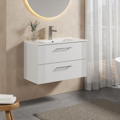 [BFPF195B] Belvide Retro Partial Fluted 2 Drawer Wall Hung Vanity Basin Unit with Minimalist Basin, Choice of Size and Colour - Lifestyle 3