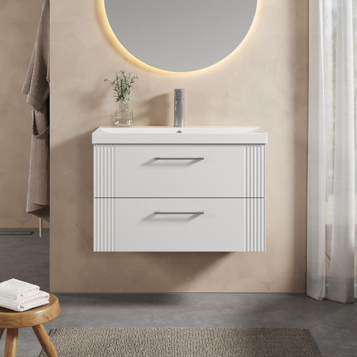 [BFPF195D] Belvide Retro Partial Fluted 2 Drawer Wall Hung Vanity Basin Unit with Thin-Edge Basin, Choice of Size and Colour - Lifestyle 1