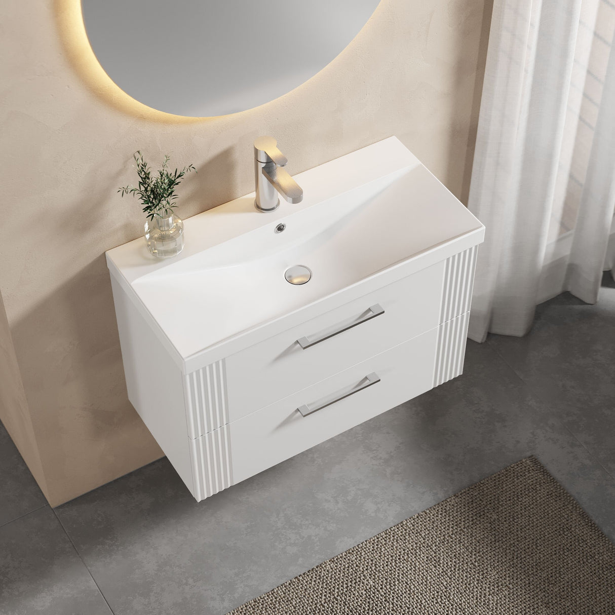 [BFPF195D] Belvide Retro Partial Fluted 2 Drawer Wall Hung Vanity Basin Unit with Thin-Edge Basin, Choice of Size and Colour - Lifestyle 2