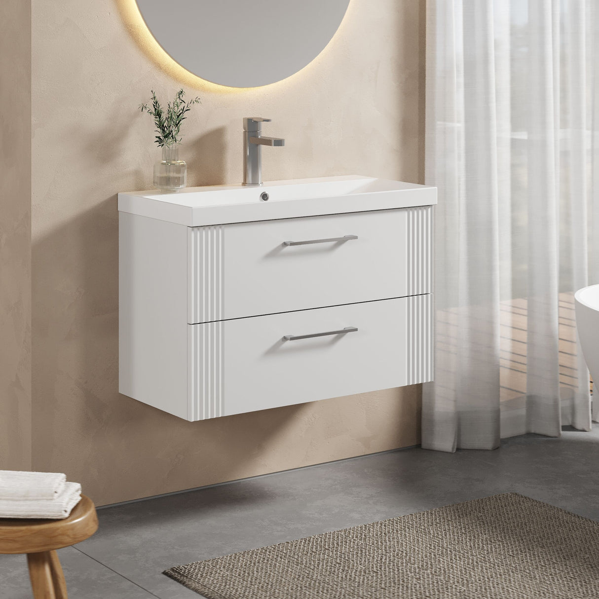 [BFPF195D] Belvide Retro Partial Fluted 2 Drawer Wall Hung Vanity Basin Unit with Thin-Edge Basin, Choice of Size and Colour - Lifestyle 3