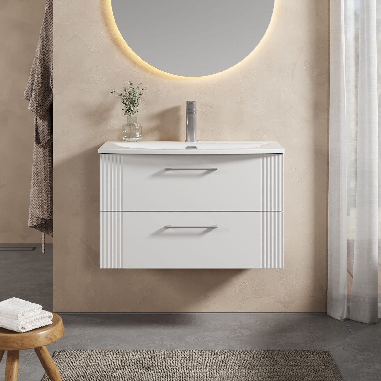 [BFPF195G] Belvide Retro Partial Fluted 2 Drawer Wall Hung Vanity Basin Unit with Curved Basin, Choice of Size and Colour - Lifestyle 1
