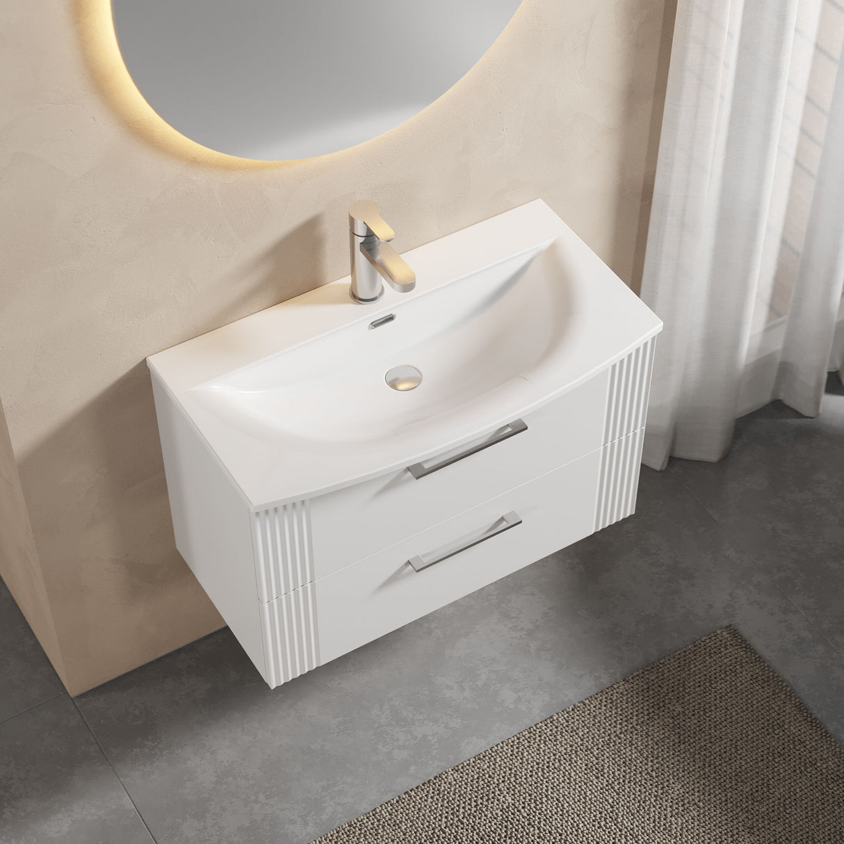 [BFPF195G] Belvide Retro Partial Fluted 2 Drawer Wall Hung Vanity Basin Unit with Curved Basin, Choice of Size and Colour - Lifestyle 2