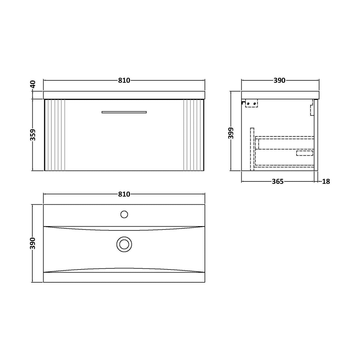 [BFPF196A] Belvide Partial Fluted 1 Drawer Wall Hung Vanity Unit with Mid-Edge 1 Tap Hole Ceramic Basin - Technical Drawing