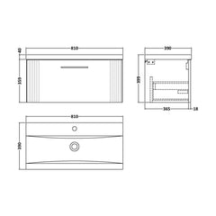 [BFPF196A] Belvide Partial Fluted 1 Drawer Wall Hung Vanity Unit with Mid-Edge 1 Tap Hole Ceramic Basin - Technical Drawing