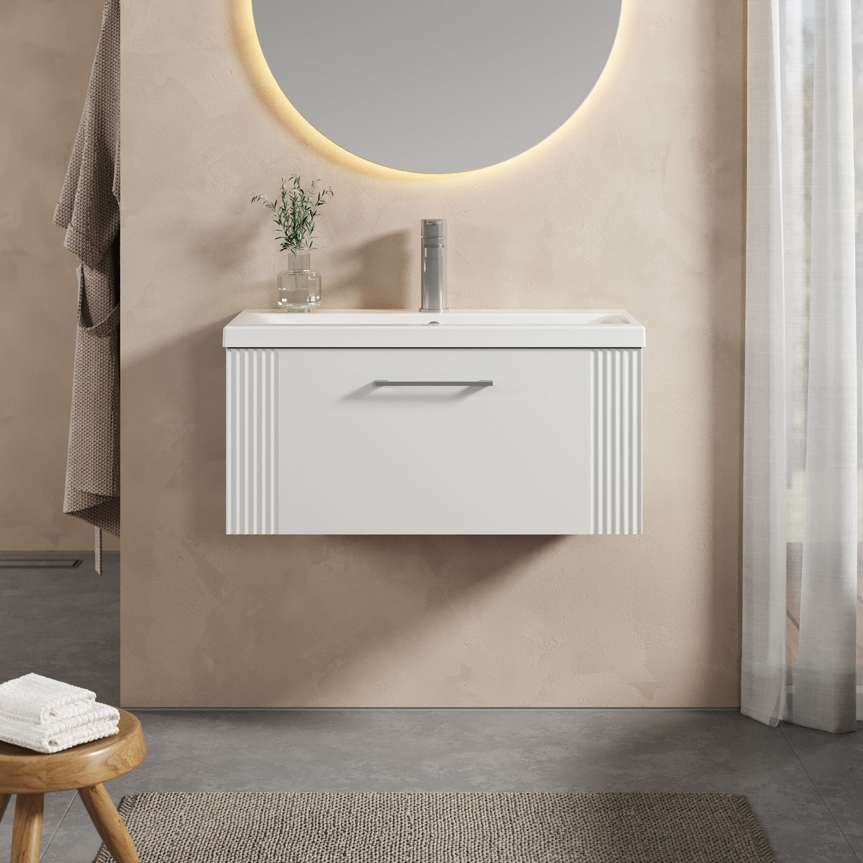 [BFPF196A] Belvide Partial Fluted 1 Drawer Wall Hung Vanity Unit with Mid-Edge 1 Tap Hole Ceramic Basin - Lifestyle 1