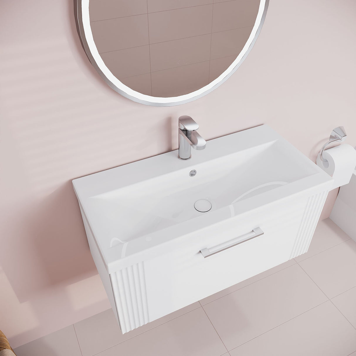 [BFPF196A] Belvide Partial Fluted 1 Drawer Wall Hung Vanity Unit with Mid-Edge 1 Tap Hole Ceramic Basin - Lifestyle 2