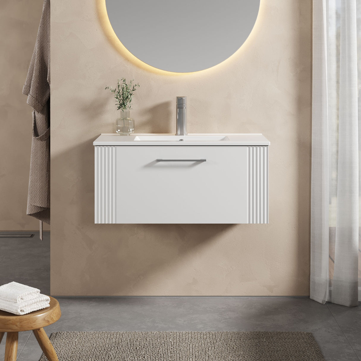 [BFPF196B] Belvide Retro Partial Fluted 1 Drawer Wall Hung Vanity Basin Unit with Minimalist Basin, Choice of Size and Colour