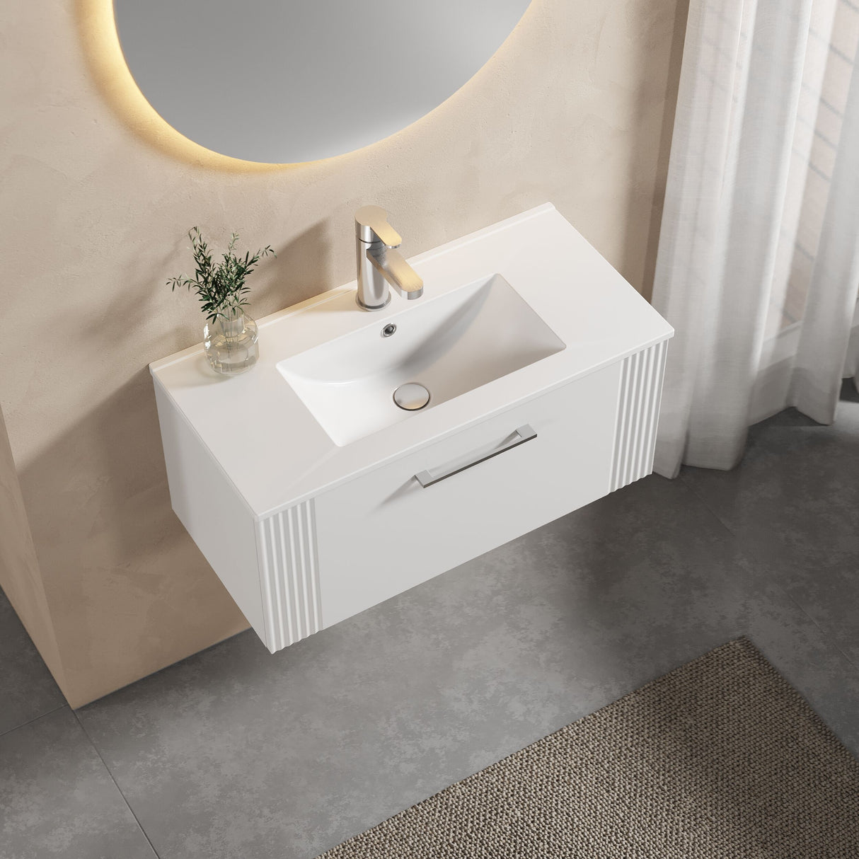 [BFPF196B] Belvide Retro Partial Fluted 1 Drawer Wall Hung Vanity Basin Unit with Minimalist Basin, Choice of Size and Colour