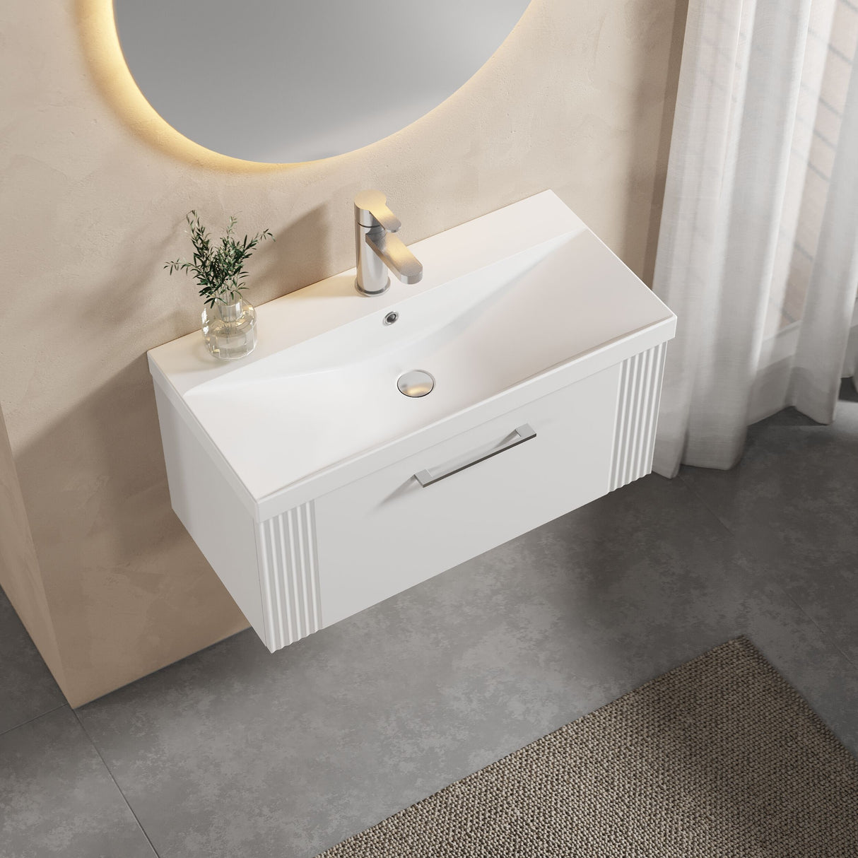 [BFPF196D] Belvide Retro Partial Fluted 1 Drawer Wall Hung Vanity Basin Unit with Thin-Edge Basin, Choice of Size and Colour - Lifestyle 2