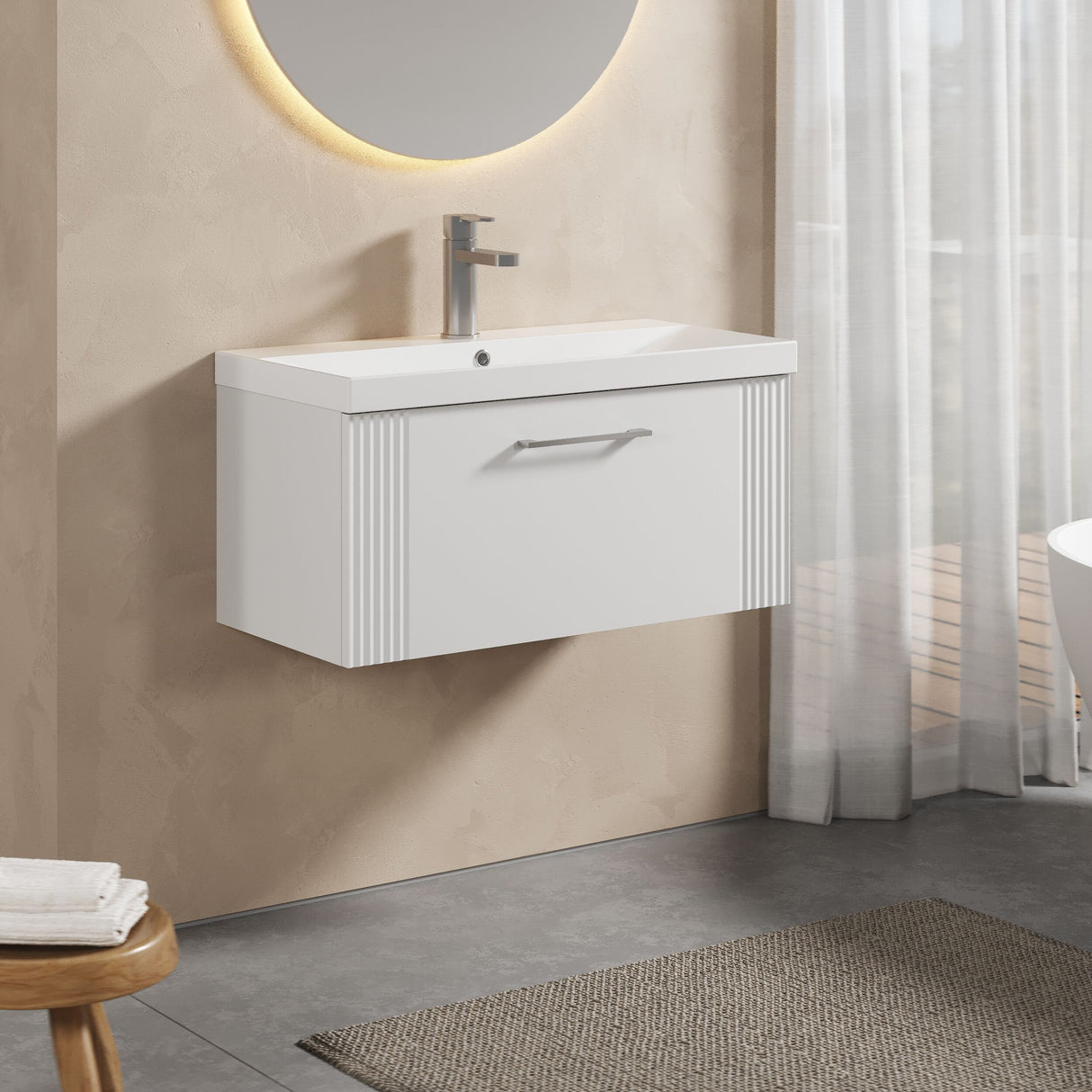 [BFPF196D] Belvide Retro Partial Fluted 1 Drawer Wall Hung Vanity Basin Unit with Thin-Edge Basin, Choice of Size and Colour - Lifestyle 3