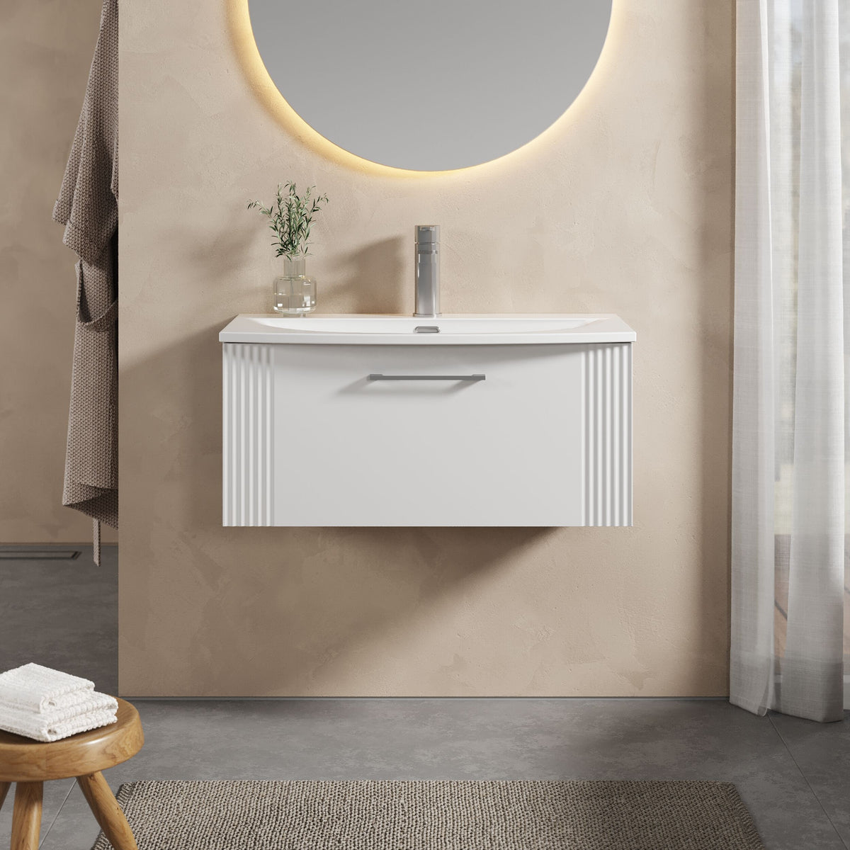 [BFPF196G] Belvide Retro Partial Fluted 1 Drawer Wall Hung Vanity Basin Unit with Curved Basin, Choice of Size and Colour - Lifestyle 1