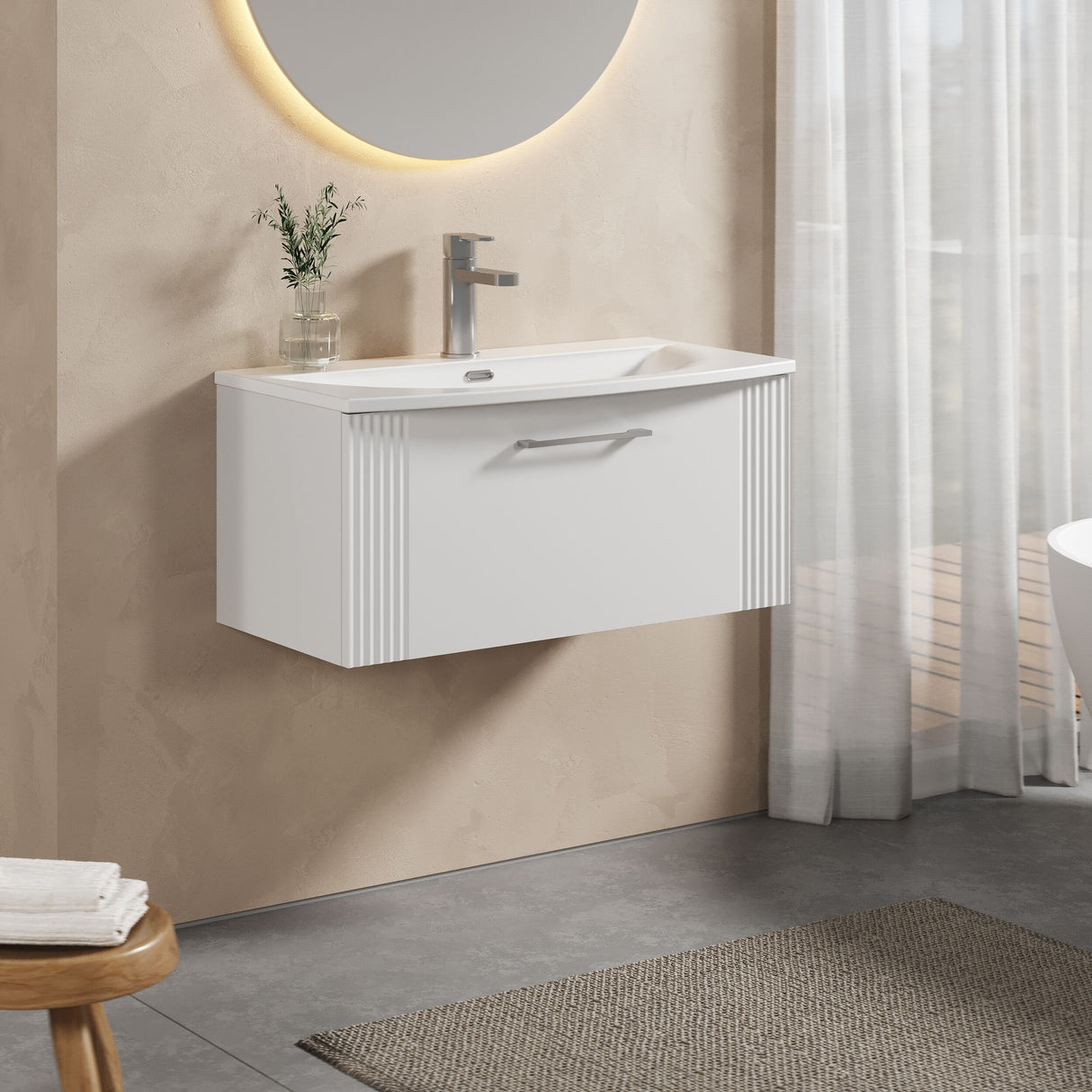 [BFPF196G] Partial Fluted 1 Drawer Wall Hung Vanity Unit with 1 Tap Hole Curved Basin- 800mm - Satin White - Lifestyle 3