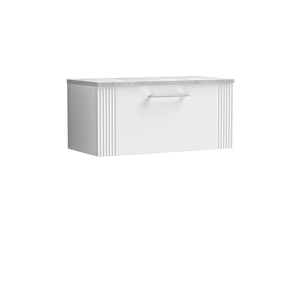 [BFPF196LBG] Belvide Retro Partial Fluted 1 Drawer Wall Hung Vanity Unit with Bellato Grey Laminate Worktop, Choice of Size and Colour - Cutout