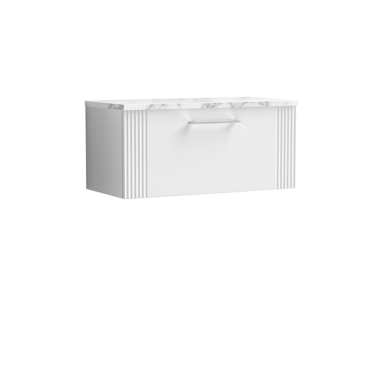 [BFPF196LCM] Belvide Retro Partial Fluted 1 Drawer Wall Hung Vanity Unit with Carrera Marble Laminate Worktop, Choice of Size and Colour - Cutout