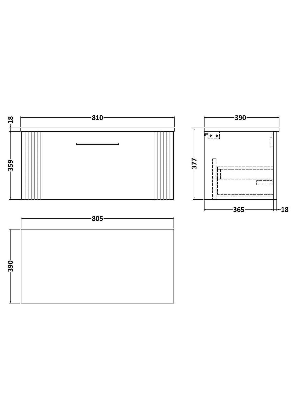 [BFPF196W] Belvide Retro Partial Fluted 1 Drawer Wall Hung Vanity Unit with Colour Coordinating Worktop, Choice of Size and Colour - Line Drawing