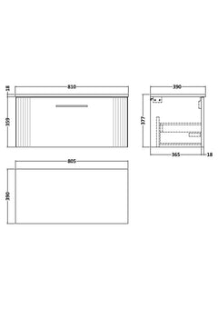 [BFPF196W] Belvide Retro Partial Fluted 1 Drawer Wall Hung Vanity Unit with Colour Coordinating Worktop, Choice of Size and Colour - Line Drawing