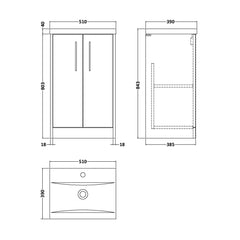 [BFPF2201A] Winshill Contemporary 2 Door Floor Standing Vanity Basin Unit with Mid-Edge Basin, Choice of Size and Colour - Technical Drawing