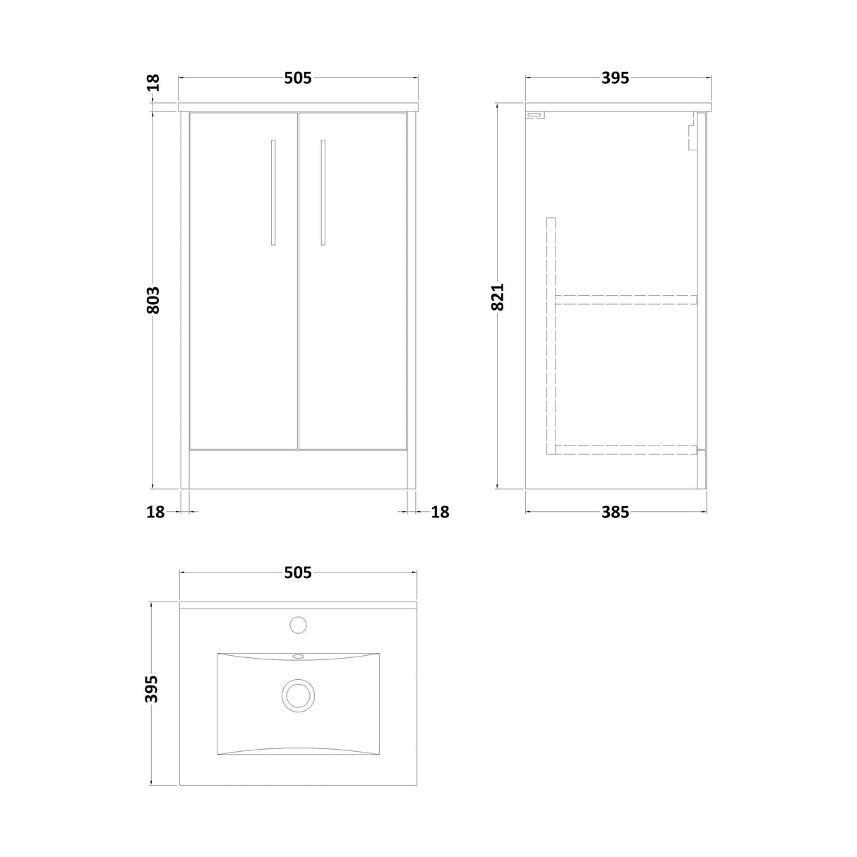 [BFPF2201B] Winshill Contemporary 2 Door Floor Standing Vanity Unit with Minimalist Basin - Choice of Size and Colour - Technical Drawing