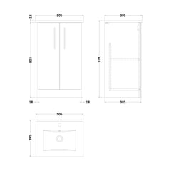 [BFPF2201B] Winshill Contemporary 2 Door Floor Standing Vanity Unit with Minimalist Basin - Choice of Size and Colour - Technical Drawing