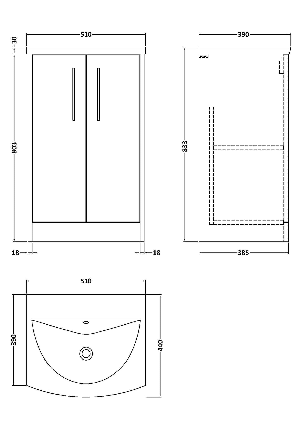 [BFPF2201G] Winshill Contemporary 2 Door Floor Standing Vanity Unit with Curved Basin - Choice of Size and Colour - Technical Drawing