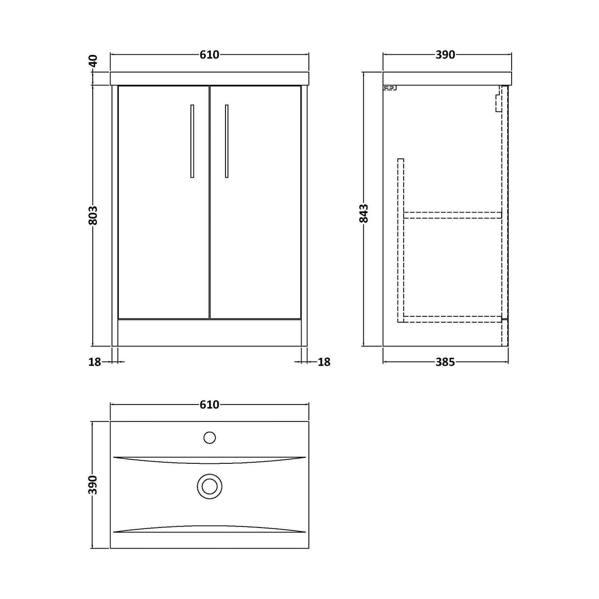 [BFPF2203A] Winshill Contemporary 2 Door Floor Standing Vanity Basin Unit with Mid-Edge Basin, Choice of Size and Colour - Technical Drawing