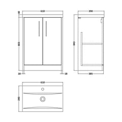 [BFPF2203A] Winshill Contemporary 2 Door Floor Standing Vanity Basin Unit with Mid-Edge Basin, Choice of Size and Colour - Technical Drawing