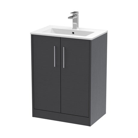 [BFPF2203B] Winshill Contemporary 2 Door Floor Standing Vanity Unit with Minimalist Basin, Woodgrain Dark Grey, 600mm - Cutout
