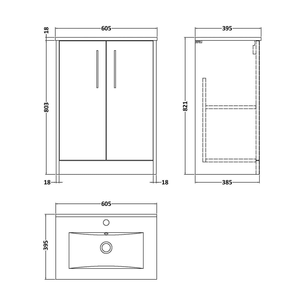 [BFPF2203B] Winshill Contemporary 2 Door Floor Standing Vanity Unit with Minimalist Basin - Choice of Size and Colour - Technical Drawing