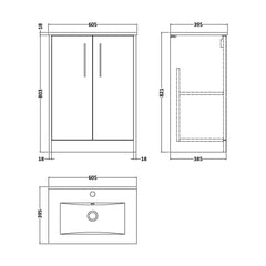 [BFPF2203B] Winshill Contemporary 2 Door Floor Standing Vanity Unit with Minimalist Basin - Choice of Size and Colour - Technical Drawing