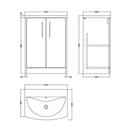 [BFPF2203G] Winshill Contemporary 2 Door Floor Standing Vanity Unit with Curved Basin, Woodgrain Dark Grey, 600mm - Technical Drawing
