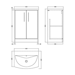 [BFPF2203G] Winshill Contemporary 2 Door Floor Standing Vanity Unit with Curved Basin - Choice of Size and Colour - Technical Drawing
